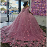 Off-Shoulder Ball Gown with 3D Floral Lace Appliques & Beaded Details Pink Tulle Quinceanera Dress for Sweet 16 & Birthday Celebrations